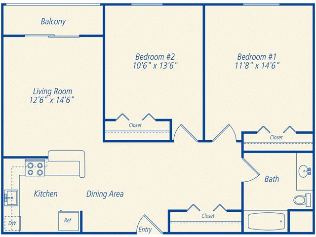 Floor plan for 2 beds, 1 bath, 894 sqft